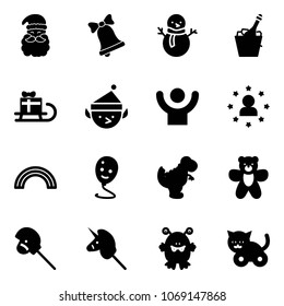 Solid vector icon set - santa claus vector, bell, snowman, champagne, sleigh gift, christmas elf, success, star man, rainbow, balloon smile, dinosaur toy, bear, horse stick, unicorn, monster, cat