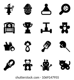 Solid vector icon set - santa claus vector, christmas hat, bacteria, money chest, win cup, gyroscope, bear toy, shovel bucket, beanbag, horse stick, robot, cat
