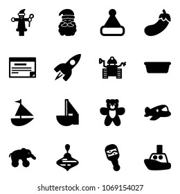 Solid vector icon set - santa claus vector, christmas hat, eggplant, schedule, rocket, robot, basin, sailboat toy, bear, plane, elephant wheel, wirligig, beanbag, boat