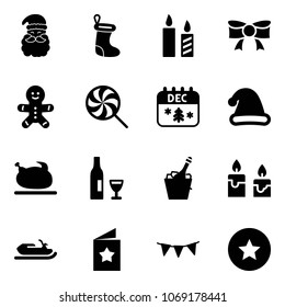 Solid vector icon set - santa claus vector, christmas sock, candle, bow, cake man, lollipop, calendar, hat, turkey, wine, champagne, snowmobile, star postcard, flag garland, medal