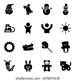 Solid vector icon set - santa claus vector, bell, snowman, sleigh gift, success, sun, crocodile, horse stick toy, bear, caterpillar, rabbit, cat