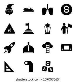 Solid vector icon set - santa claus vector, snowmobile, lungs, dollar coin, wild animals road sign, pyramid flag, award, win, rocket, crown, cloud ladder, game console, corner ruler, allen key