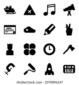 Solid vector icon set - santa sleigh vector, airport road sign, music, telescope, schedule, cloud, highlight marker, victory, king, atom core, clock, axe, clamp, paint roller, rocket, toy piano