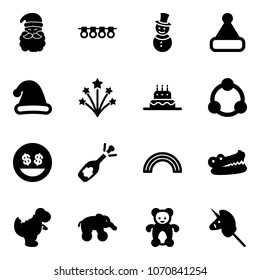 Solid vector icon set - santa claus vector, garland, snowman, christmas hat, firework, cake, community, money smile, fizz opening, rainbow, crocodile, dinosaur toy, elephant wheel, bear