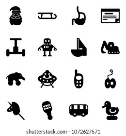 Solid vector icon set - santa claus vector, sleigh, stomach, schedule, gyroscope, robot, sailboat toy, excavator, elephant wheel, ufo, phone, yoyo, unicorn stick, beanbag, bus, duck
