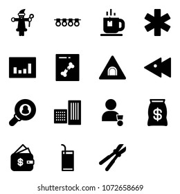 Solid vector icon set - santa claus vector, garland, tea, ambulance star, statistics, x ray, tunnel road sign, fast backward, head hunter, building, winner, money bag, finance management, drink