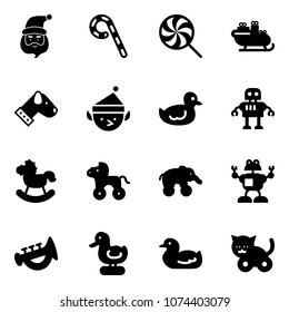 Solid vector icon set - santa claus vector, lollipop, sleigh, dog, christmas elf, duck toy, robot, rocking horse, wheel, elephant, horn, cat
