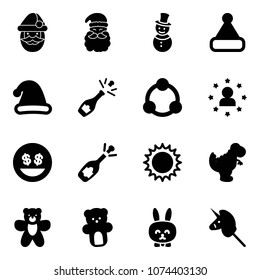 Solid vector icon set - santa claus vector, snowman, christmas hat, champagne, community, star man, money smile, fizz opening, sun, dinosaur toy, bear, rabbit, unicorn stick