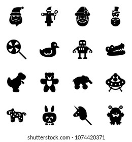 Solid vector icon set - santa claus vector, snowman, lollipop, duck toy, robot, crocodile, dinosaur, bear, elephant wheel, ufo, horse, rabbit, unicorn stick, monster