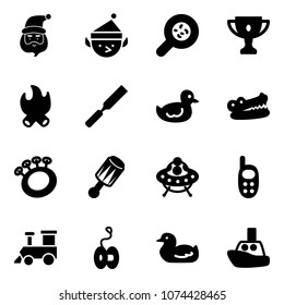 Solid vector icon set - santa claus vector, christmas elf, bacteria, gold cup, fire, rasp, duck toy, crocodile, beanbag, ufo, phone, train, yoyo, boat