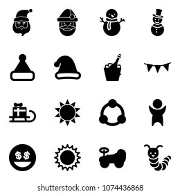 Solid vector icon set - santa claus vector, snowman, christmas hat, champagne, flag garland, sleigh gift, sun, community, success, money smile, baby car, toy caterpillar