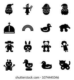 Solid vector icon set - santa claus vector, crown, rainbow, duck toy, elephant wheel, doll, rabbit, bear, robot, cat