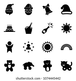 Solid vector icon set - santa claus vector, bell, christmas hat, cake, champagne, sun, success, star man, rainbow, bear toy, elephant wheel, cat