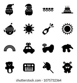 Solid vector icon set - santa claus vector, garland, cake, christmas elf, sun, fizz opening, rainbow, car toy, baby, elephant wheel, bear, piano, unicorn stick, monster