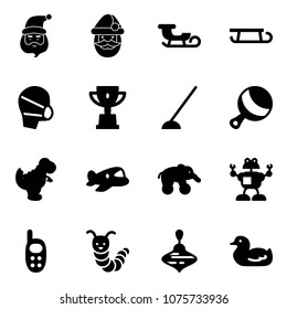Solid vector icon set - santa claus vector, sleigh, medical mask, win cup, hoe, beanbag, dinosaur toy, plane, elephant wheel, robot, phone, caterpillar, wirligig, duck