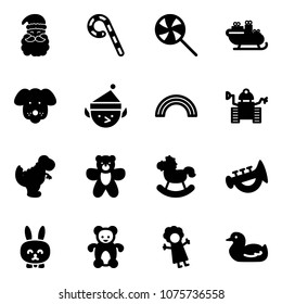 Solid vector icon set - santa claus vector, lollipop, sleigh, dog, christmas elf, rainbow, robot, dinosaur toy, bear, rocking horse, horn, rabbit, doll, duck