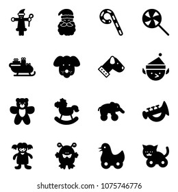 Solid vector icon set - santa claus vector, lollipop, sleigh, dog, christmas elf, bear toy, rocking horse, elephant wheel, horn, doll, monster, duck, cat