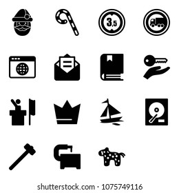 Solid vector icon set - santa claus vector, lollipop, limited height road sign, no truck, browser globe, opened mail, book, key hand, speaker, crown, sail boat, hdd, sledgehammer, machine tool