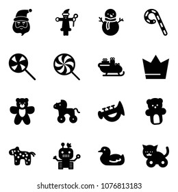 Solid vector icon set - santa claus vector, snowman, lollipop, sleigh, crown, bear toy, wheel horse, horn, robot, duck, cat