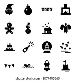 Solid vector icon set - santa claus vector, garland, fireplace, cake man, snowman, house, angel, champagne, snowball tree, christmas sale, flag, swimming, swimsuit, sand castle