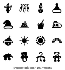 Solid vector icon set - santa claus vector, garland, snowman, christmas hat, cake, champagne, sleigh gift, elf, sun, rainbow, elephant wheel, bear toy, baby carousel