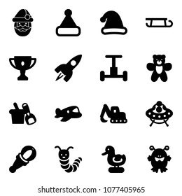 Solid vector icon set - santa claus vector, christmas hat, sleigh, gold cup, rocket, gyroscope, bear toy, shovel bucket, plane, excavator, ufo, beanbag, caterpillar, duck, monster