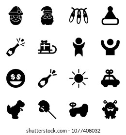 Solid vector icon set - santa claus vector, garland, christmas hat, champagne, sleigh gift, success, money smile, fizz opening, sun, car toy, dinosaur, horse stick, baby, monster