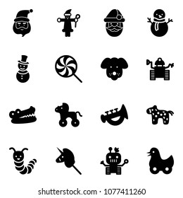 Solid vector icon set - santa claus vector, snowman, lollipop, dog, robot, crocodile, wheel horse, horn toy, caterpillar, unicorn stick, duck