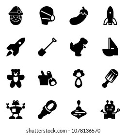 Solid vector icon set - santa claus vector, medical mask, eggplant, rocket, shovel, dinosaur toy, sailboat, bear, bucket, beanbag, robot, wirligig
