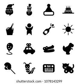Solid vector icon set - santa claus vector, snowman, christmas hat, cake, champagne, success, fizz opening, sun, balloon smile, car toy, crocodile, dinosaur, horse stick, caterpillar, piano, cat