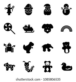 Solid vector icon set - santa claus vector, snowman, lollipop, sleigh, dog, rainbow, robot, dinosaur toy, elephant wheel, bear, horse, caterpillar, duck