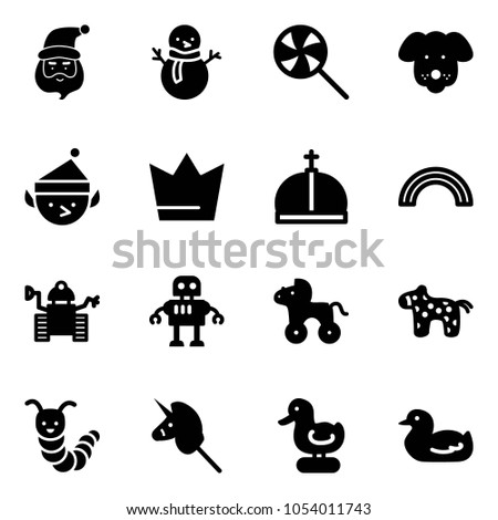 Solid vector icon set - santa claus vector, snowman, lollipop, dog, christmas elf, crown, rainbow, robot, wheel horse, toy, caterpillar, unicorn stick, duck