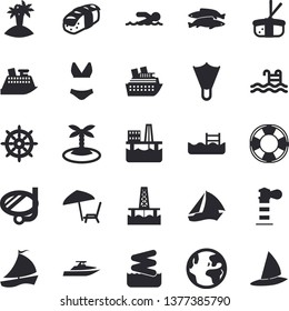 Solid vector icon set - sashimi flat vector, fish, oil production platform, lighthouse, sailboat, swimsuit, swimming, pool, earth fector, chaise lounge, island, mask, flippers, aquapark, lifebuoy