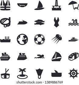 Solid vector icon set - sashimi flat vector, fish, oil production platform, sailboat, swimsuit, swimming, pool, earth fector, sea beach, chaise lounge, island, mask, flippers, life vest, lifebuoy