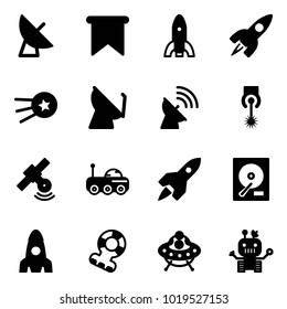 Solid vector icon set - satellite antenna vector, flag, rocket, first, laser, moon rover, hdd, teethers, ufo toy, robot