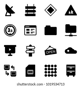 Solid vector icon set - satellite antenna vector, sign post, main road, children, limited height, website, folder, network, presentation board, signpost, open, cloud, data exchange, sim, circuit