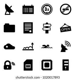 Solid vector icon set - satellite antenna vector, schedule, limited height road sign, end overtake limit, folder, agreement, signpost, open, cloud, growth, swimming, wireless lock, sim, cpu, server