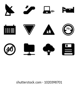 Solid vector icon set - satellite antenna vector, escalator up, notebook connect, hotel, schedule, giving way road sign, children, limited distance, end speed limit, network folder, upload cloud