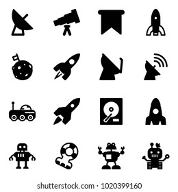 Solid vector icon set - satellite antenna vector, telescope, flag, rocket, moon, rover, hdd, robot, teethers