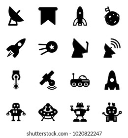 Solid vector icon set - satellite antenna vector, flag, rocket, moon, first, laser, rover, robot, ufo toy