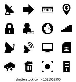 Solid vector icon set - satellite antenna vector, right arrow, cash, dollar pin, locked, user password, globe, stairs, monitor, sim, cloud exchange data, trash bin, record button, server
