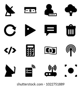 Solid vector icon set - satellite antenna vector, cash, user password, upload cloud, reload, play, chat, trash bin, tag code, calculator, money, server wireless, wi fi router, record button