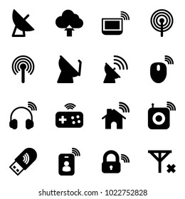 Solid vector icon set - satellite antenna vector, upload cloud, notebook wi fi, mouse wireless, headphones, joystick, home, speaker, usb, identity card, lock, no signal