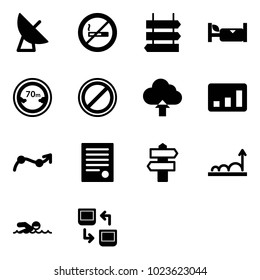 Solid vector icon set - satellite antenna vector, no smoking sign, post, hotel, limited distance road, parking, upload cloud, statistics, chart point arrow, agreement, signpost, growth, swimming