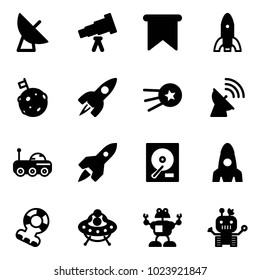 Solid vector icon set - satellite antenna vector, telescope, flag, rocket, moon, first, rover, hdd, teethers, ufo toy, robot