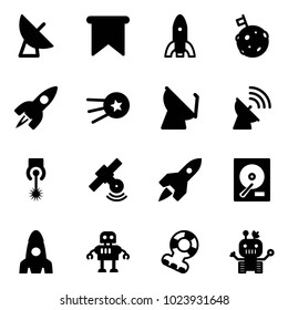Solid vector icon set - satellite antenna vector, flag, rocket, moon, first, laser, hdd, robot, teethers