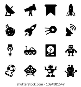 Solid vector icon set - satellite antenna vector, telescope, flag, rocket, moon, first, laser, rover, hdd, robot, teethers, ufo toy