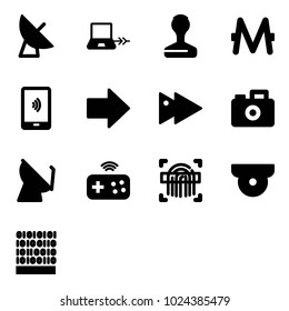 Solid vector icon set - satellite antenna vector, notebook connect, stamp, monero, mobile payment, right arrow, fast forward, camera, joystick wireless, fingerprint scanner, surveillance
