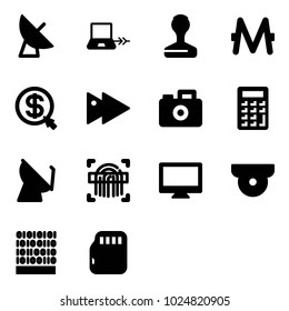 Solid vector icon set - satellite antenna vector, notebook connect, stamp, monero, money click, fast forward, camera, calculator, fingerprint scanner, monitor, surveillance, binary code