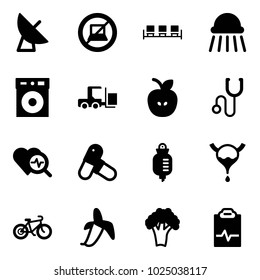 Solid vector icon set - satellite antenna vector, no computer sign, waiting area, shower, fork loader, apple, stethoscope, heart diagnosis, pills, drop counter, bladder, bike, banana, broccoli